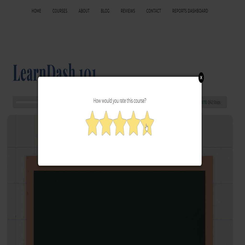 The Ratings popup on a course in the frontend. It says "How would you rate this course?" with 5 stars as hoverable options.