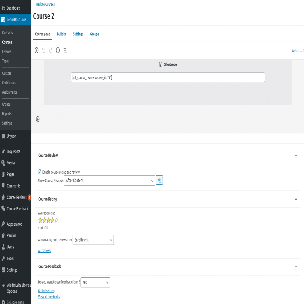 The Edit Course screen showing that there are settings for Course Review, Course Rating, and Course Feedback that you can customize to be unique from the global settings.