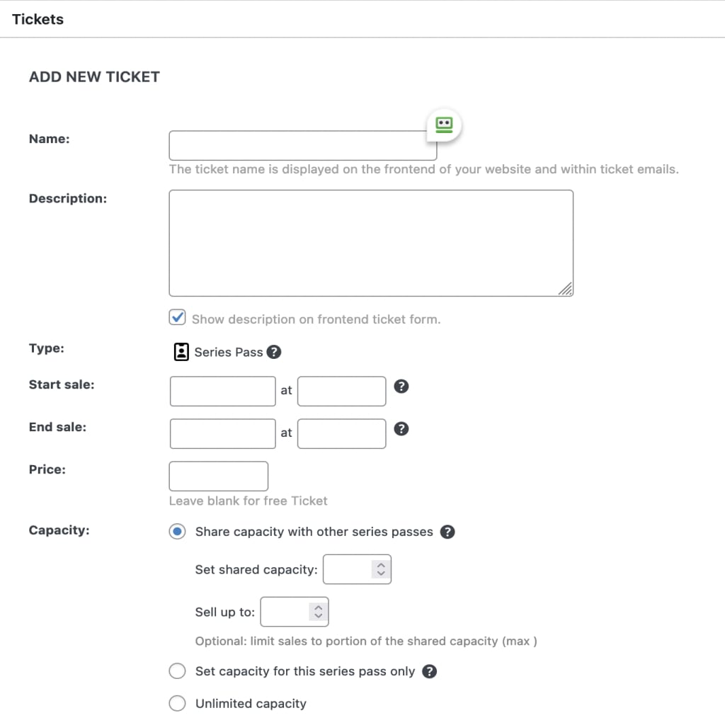 The user interface for creating a Series Pass in Event Tickets