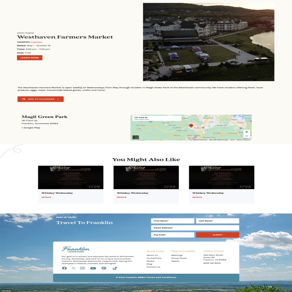 Main calendar webpage of events