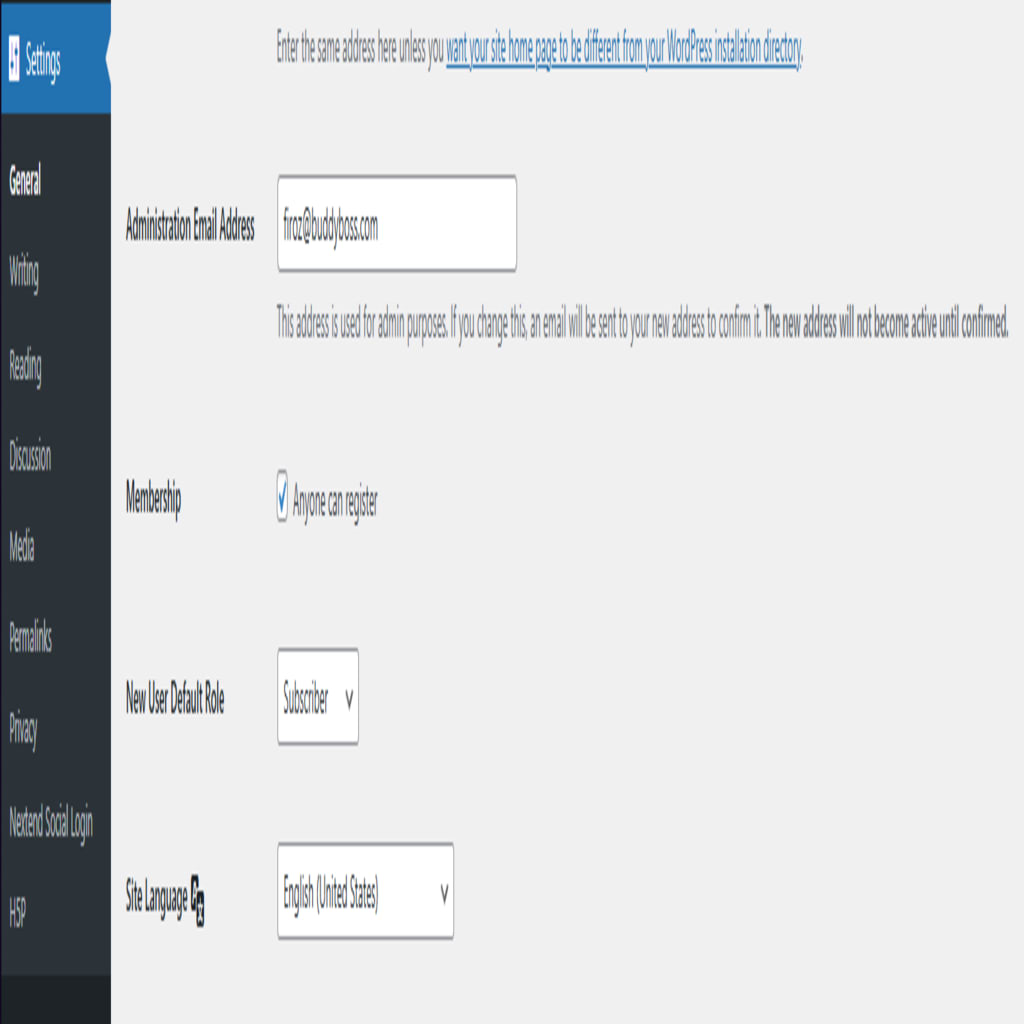 Screenshot of General WordPress Settings