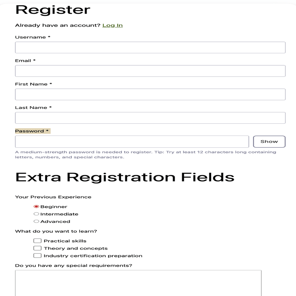 Registration Form with Custom Fields