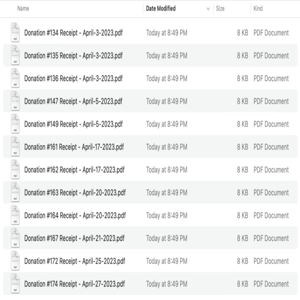 Example: View of the PDF receipts ZIP file.