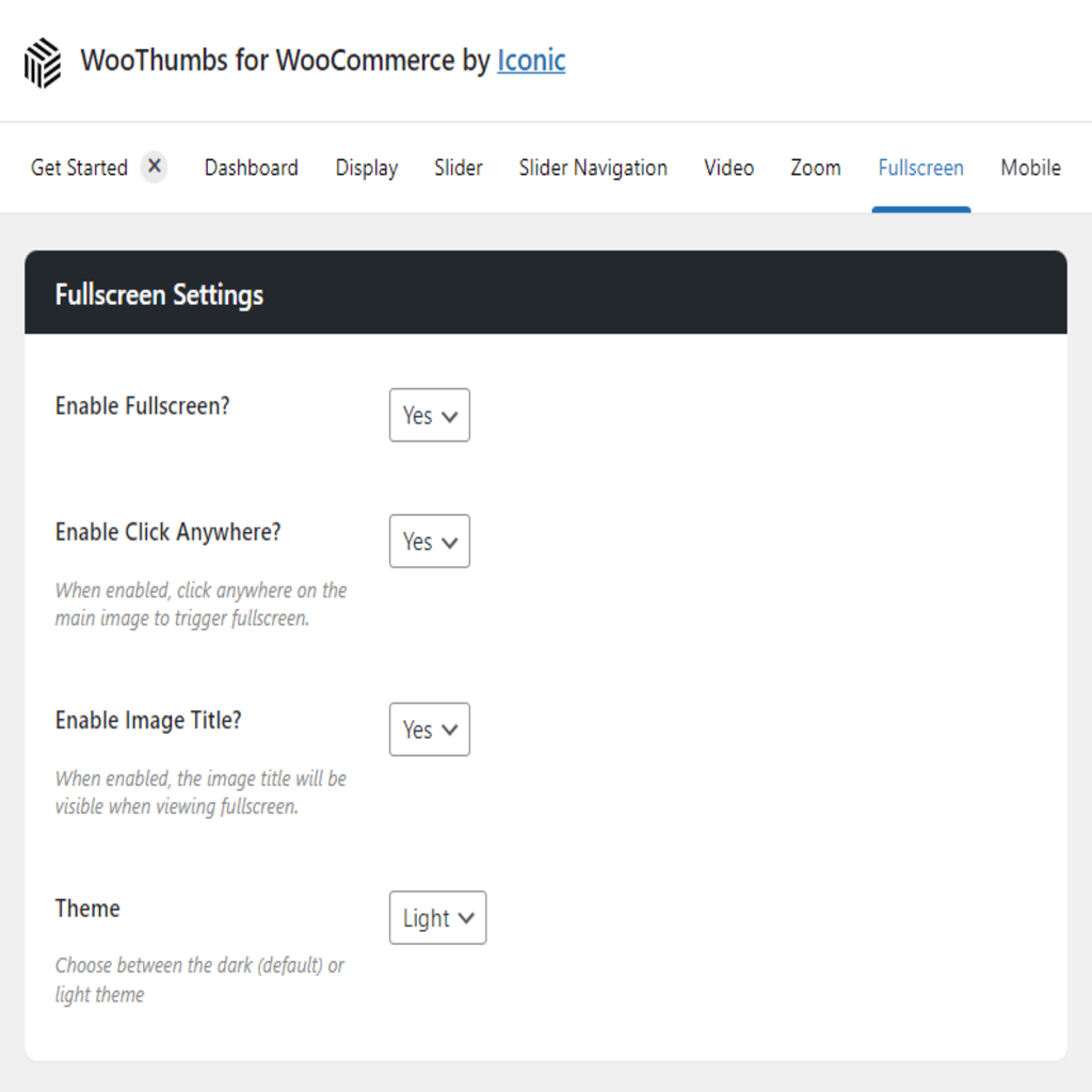 fullscreen lightbox settings woothumbs