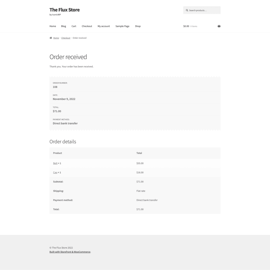 default woocommerce thank you page