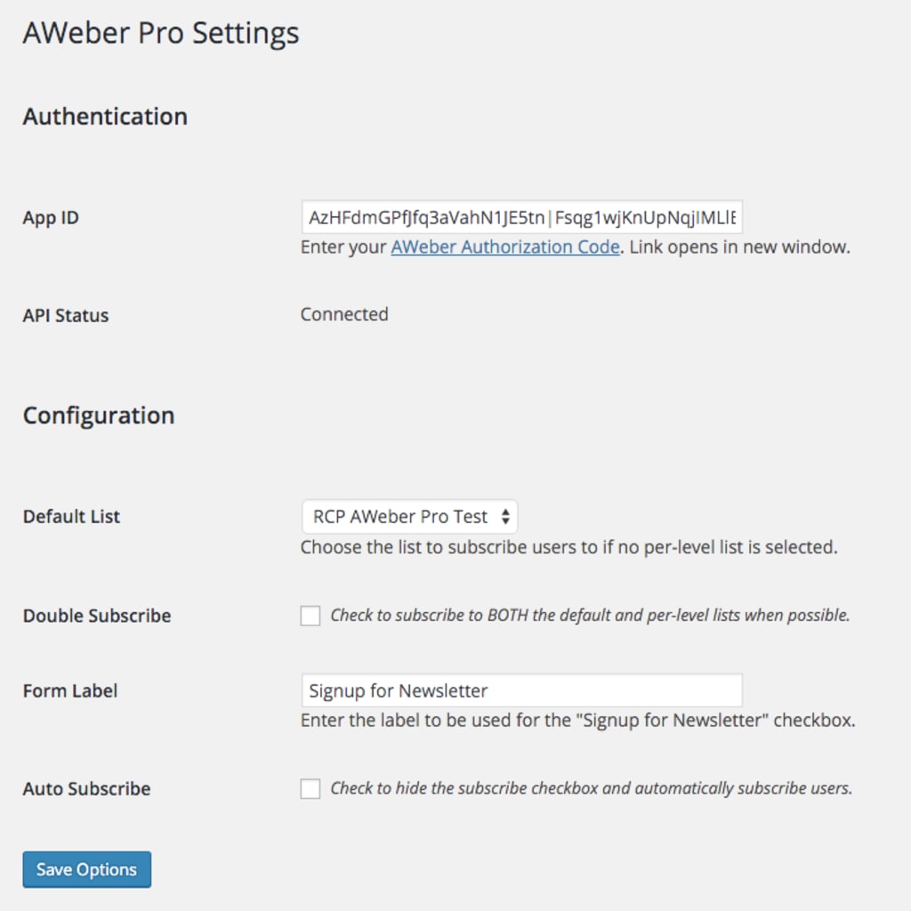 AWeber Pro add-on settings