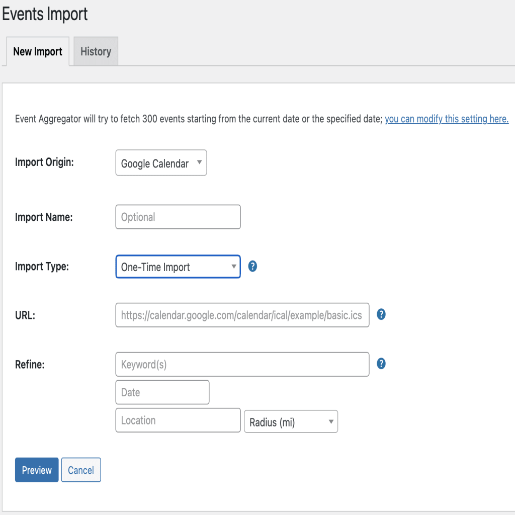 Events import screen in WordPress