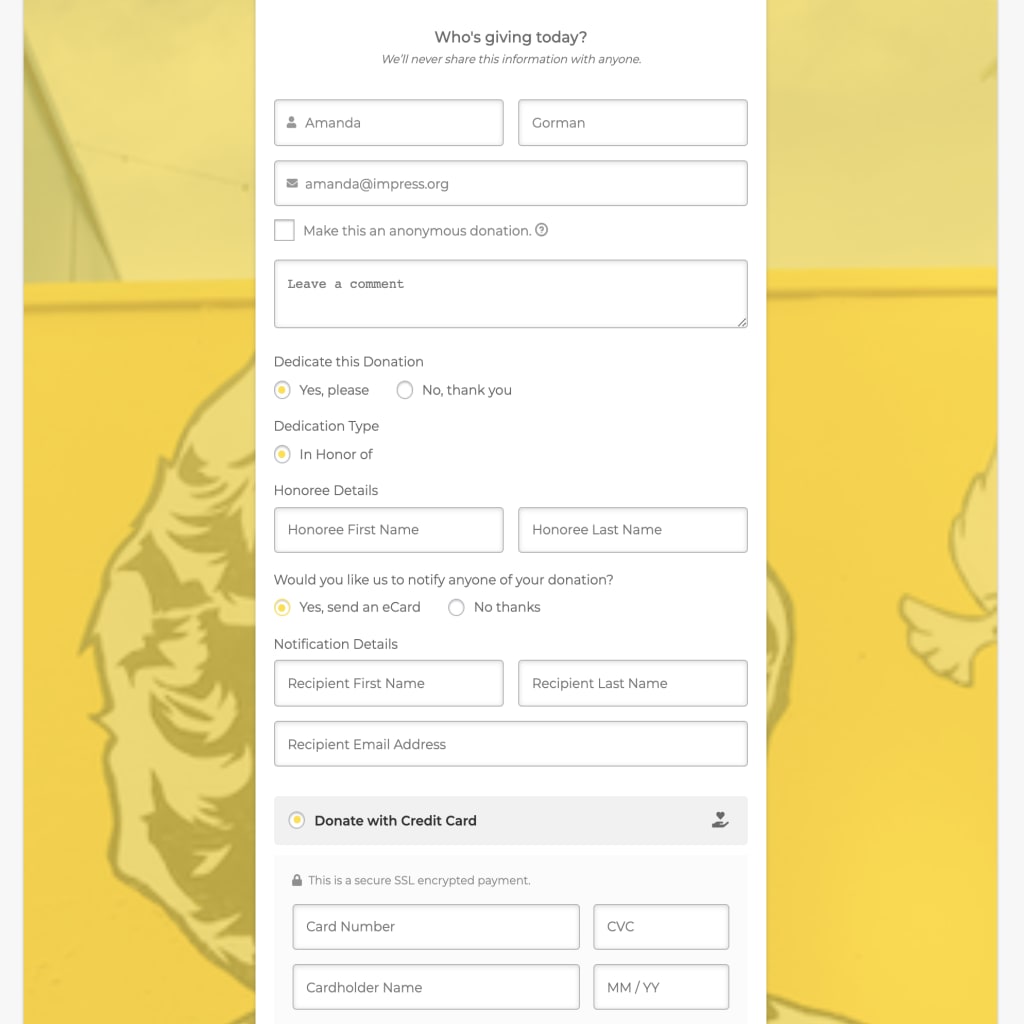 This peer-to-peer donation form asks for a dedication type and provides fields to give in honor of with an email address to send the honoree.