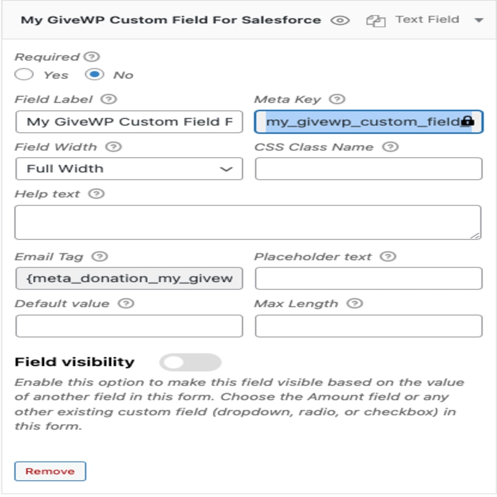 The Form Field Manager edit screen showing the meta key highlighted