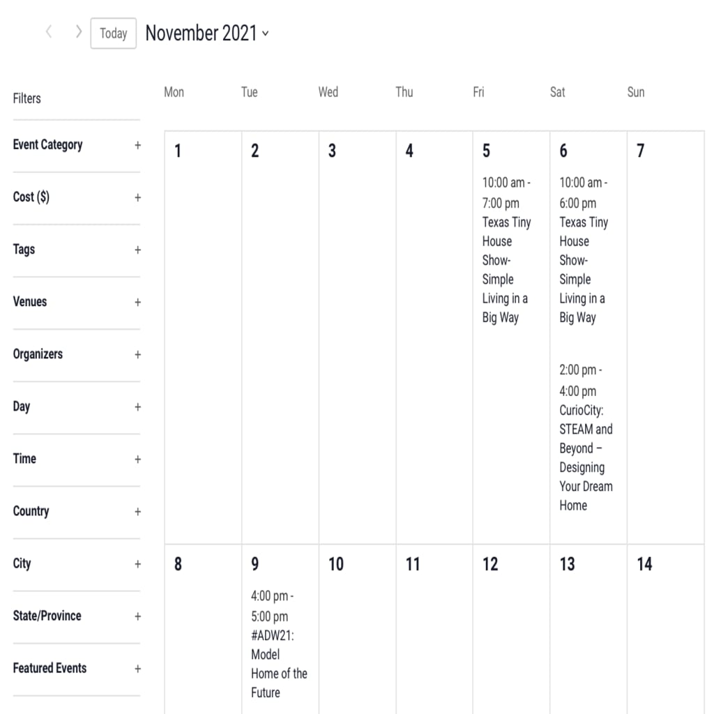 Featured Calendar month view with filter bar