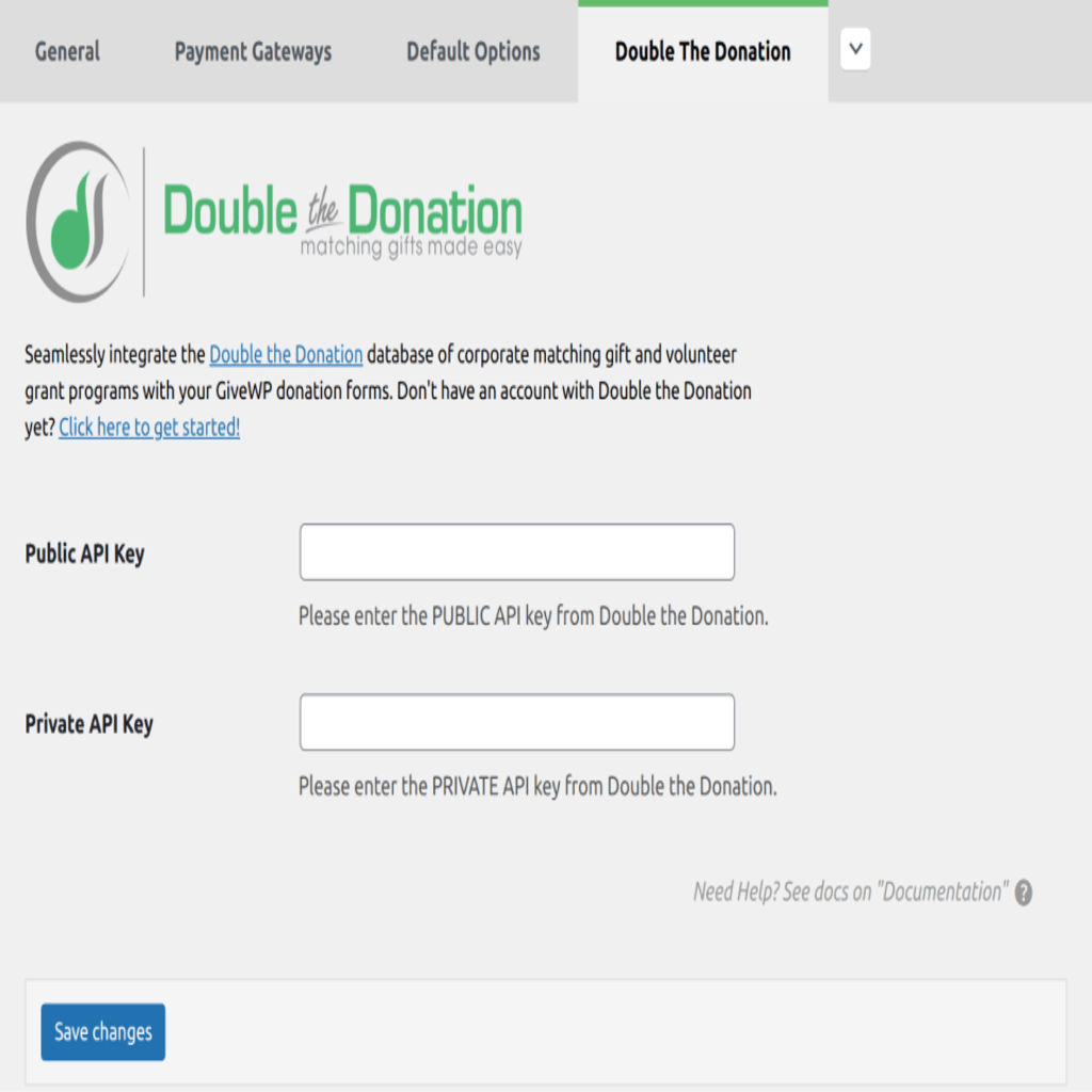 api key fields for give - double the donation