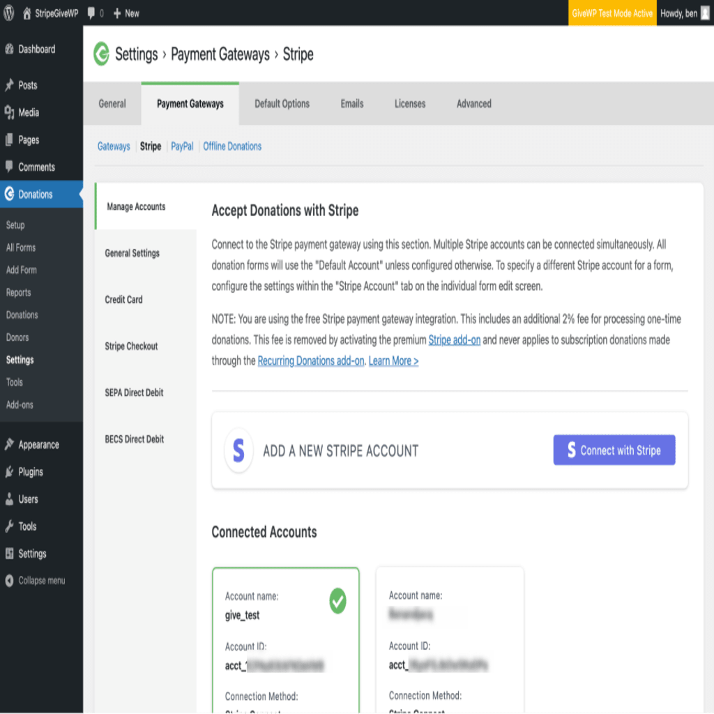 Screenshot showing multiple accounts gonnected to Stripe, ready to accept donations.