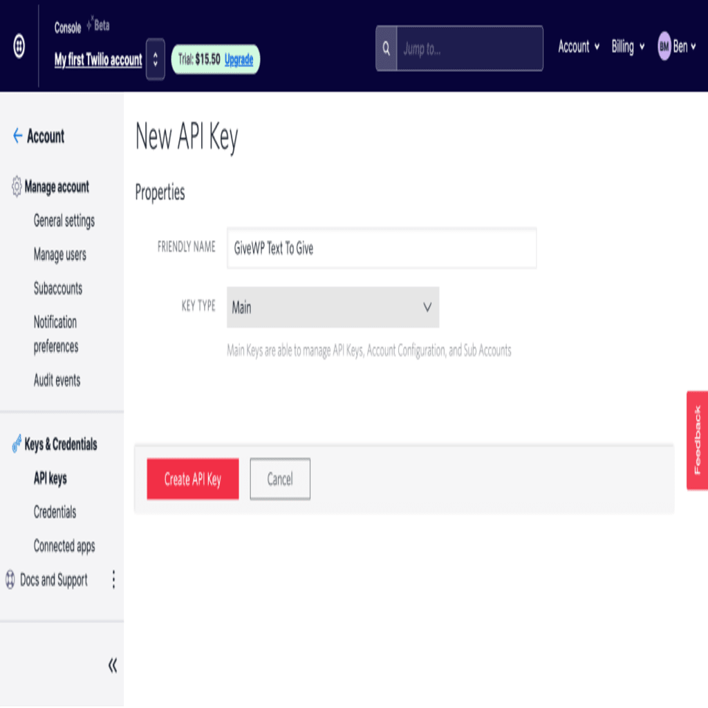 the screen to create a new API key, showing the settings as described in the previous paragraph