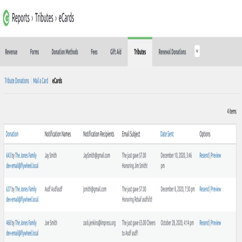 Tributes Reporting section for ecard