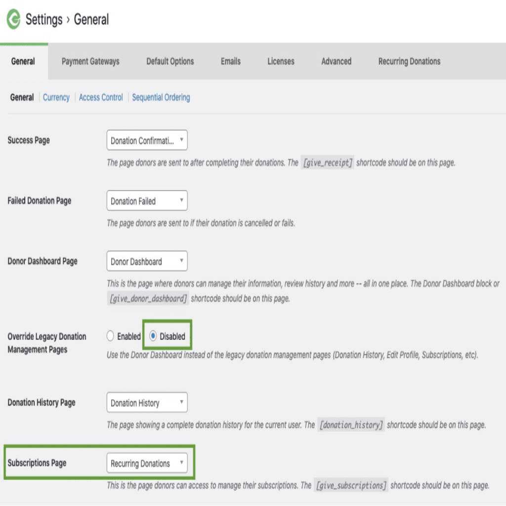 When the Recurring Donations add-on is activated, the Subscriptions Page is added as an General Settings option.