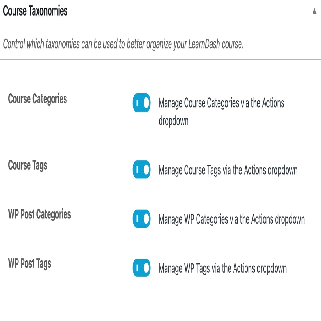 LearnDash course taxonomies settings modal