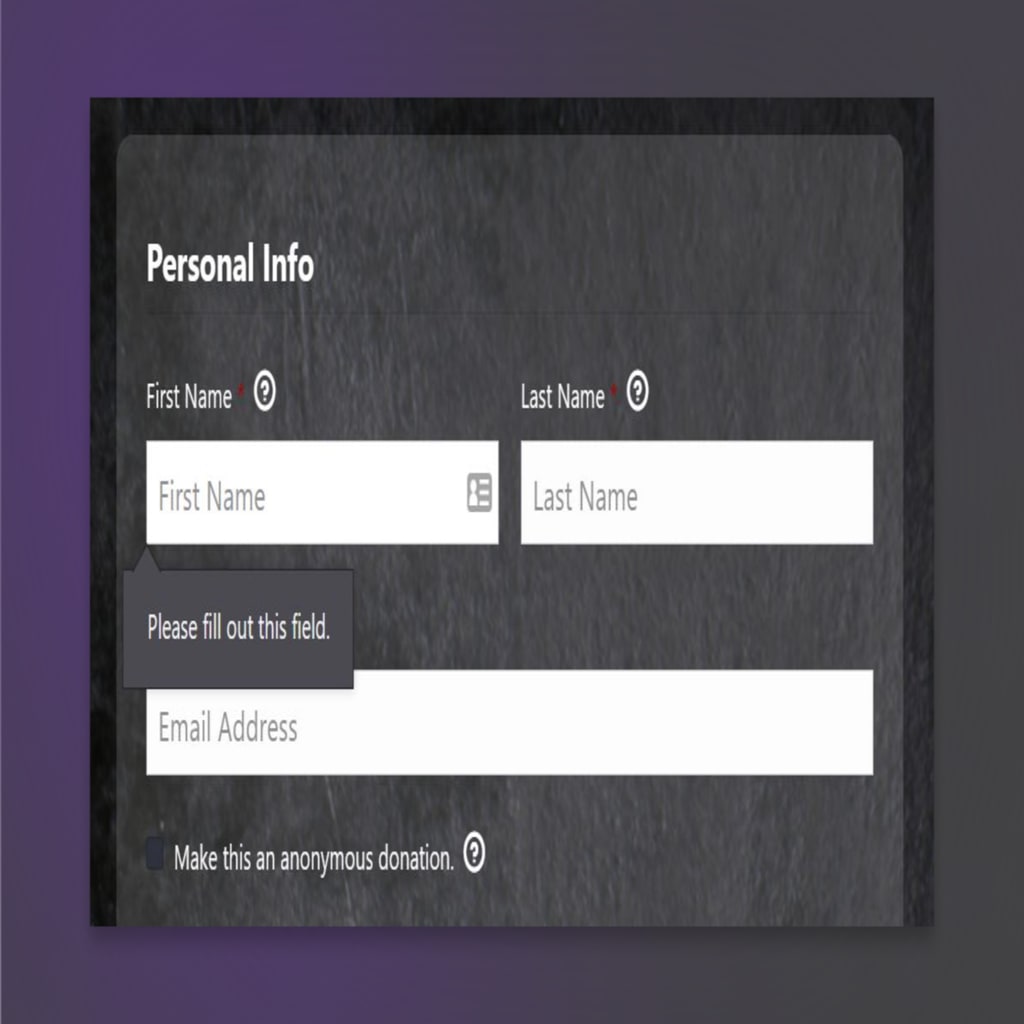 Each field on this donation form is labeled with prompts like "first name."