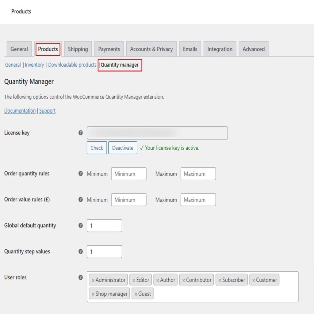 quantity manager settings tab