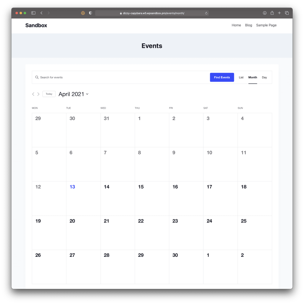 The default month view as viewed with the Kadence theme activated. The header has a simple horizontal navigation to the left followed by a light blue container with the word Events as the page title. Below that is the calendar view for April 2021 against a white background.