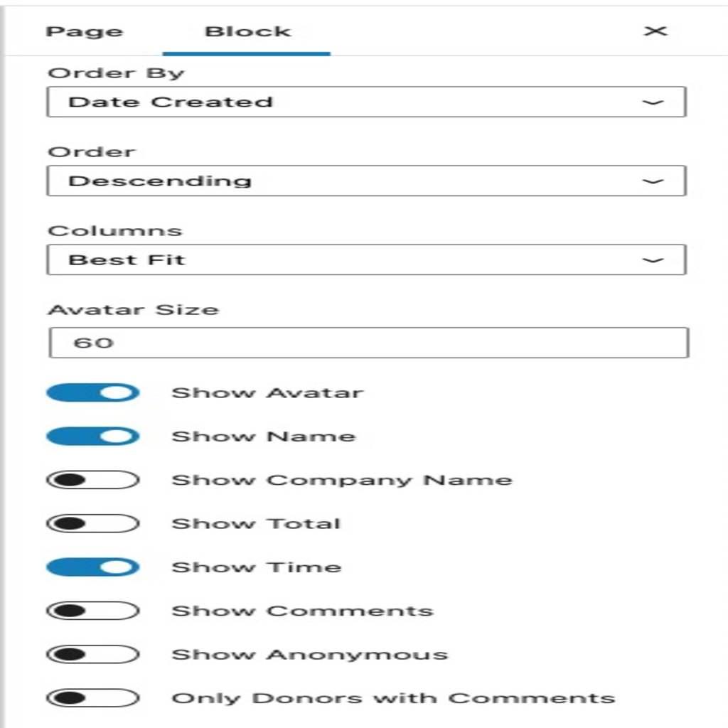 The settings for the Sample Layout – Global Supporters using the Donor Wall Block