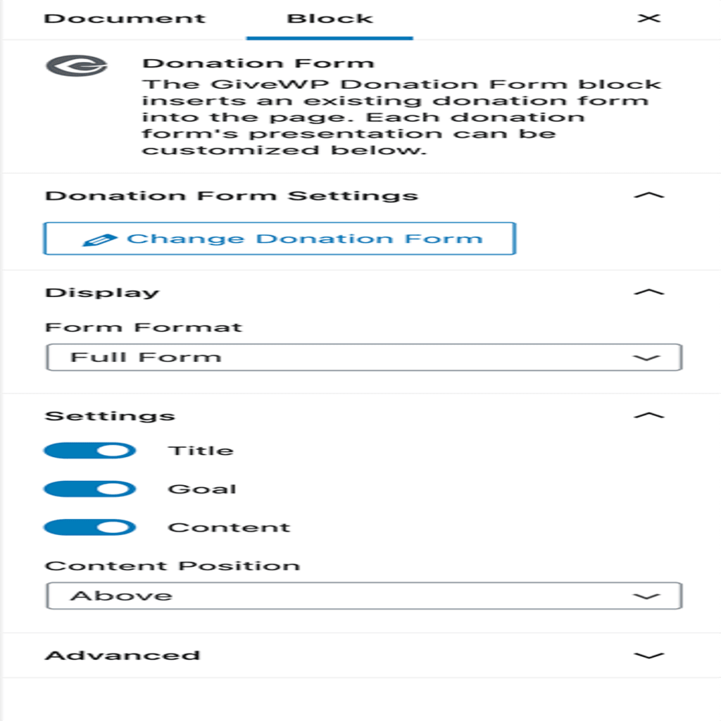 GiveWP Form Block Settings