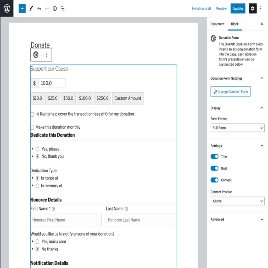 Displayed Legacy GiveWP Form within Block
