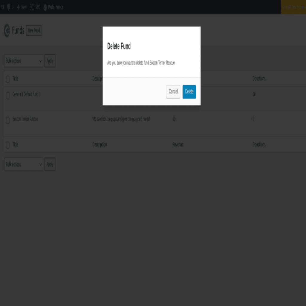 modal prompt for the user to delete an existing GiveWP fund