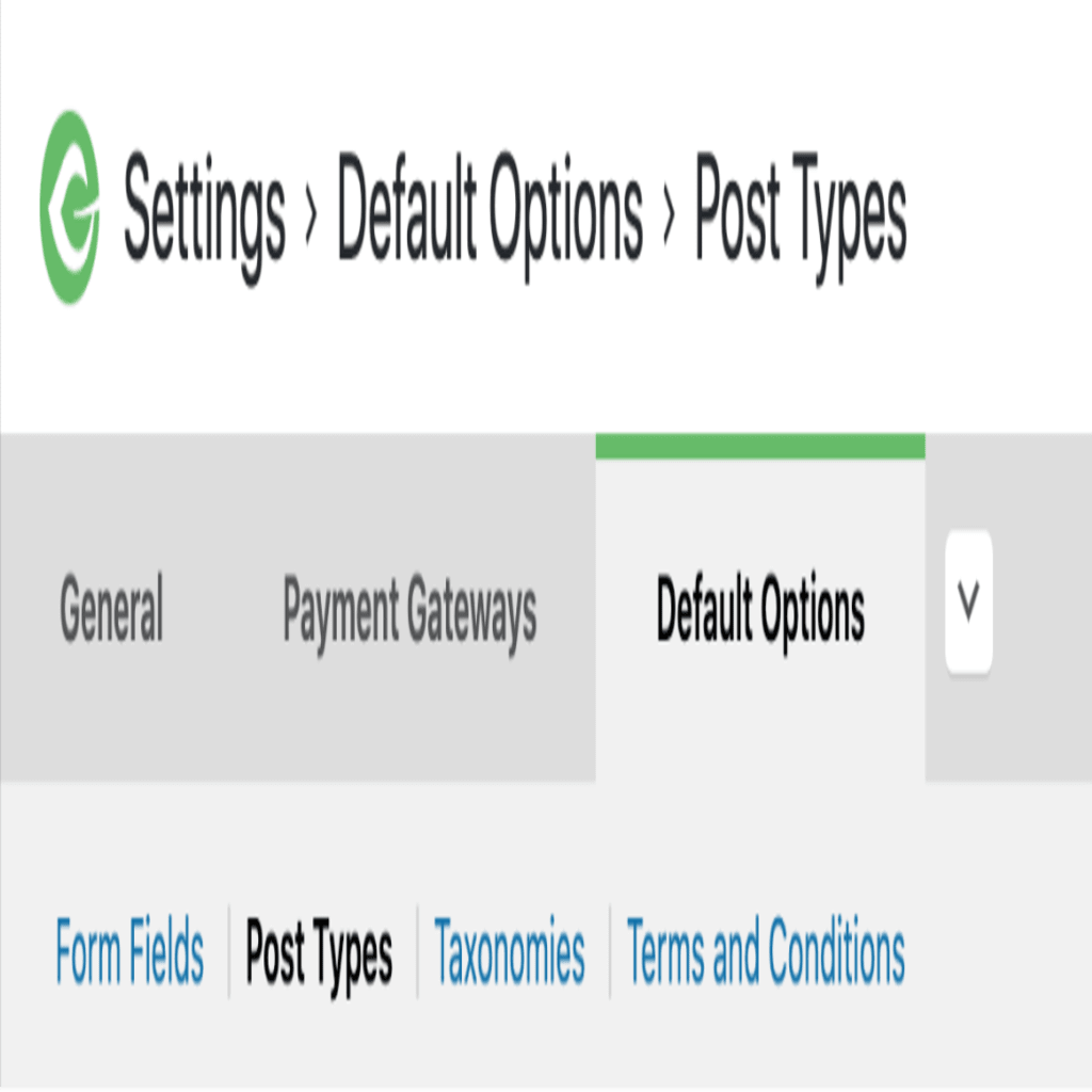 screeshot showing the default options tab, and the Post Types section highlighted in Black.