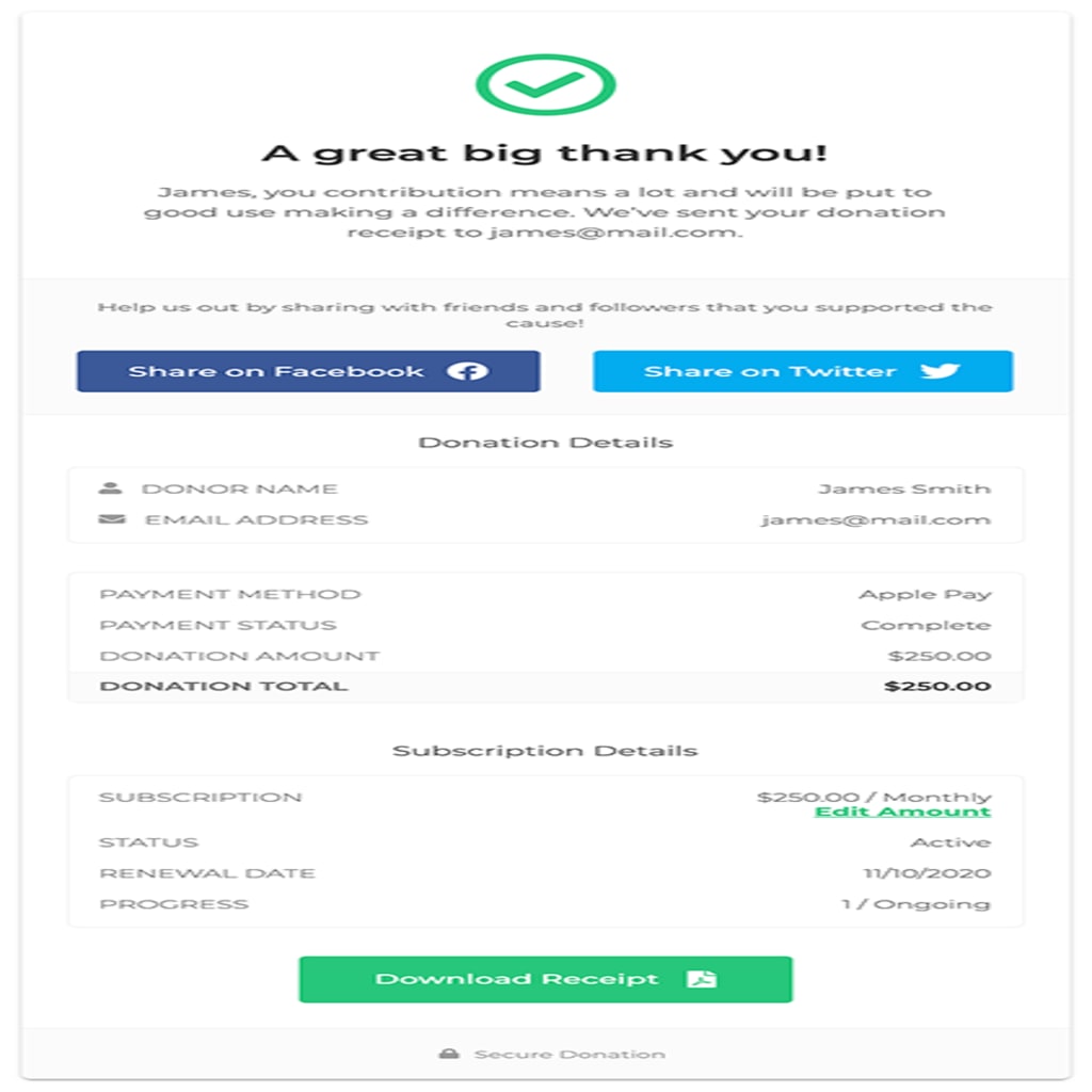 Apple Pay Recurring Donation Confirmation