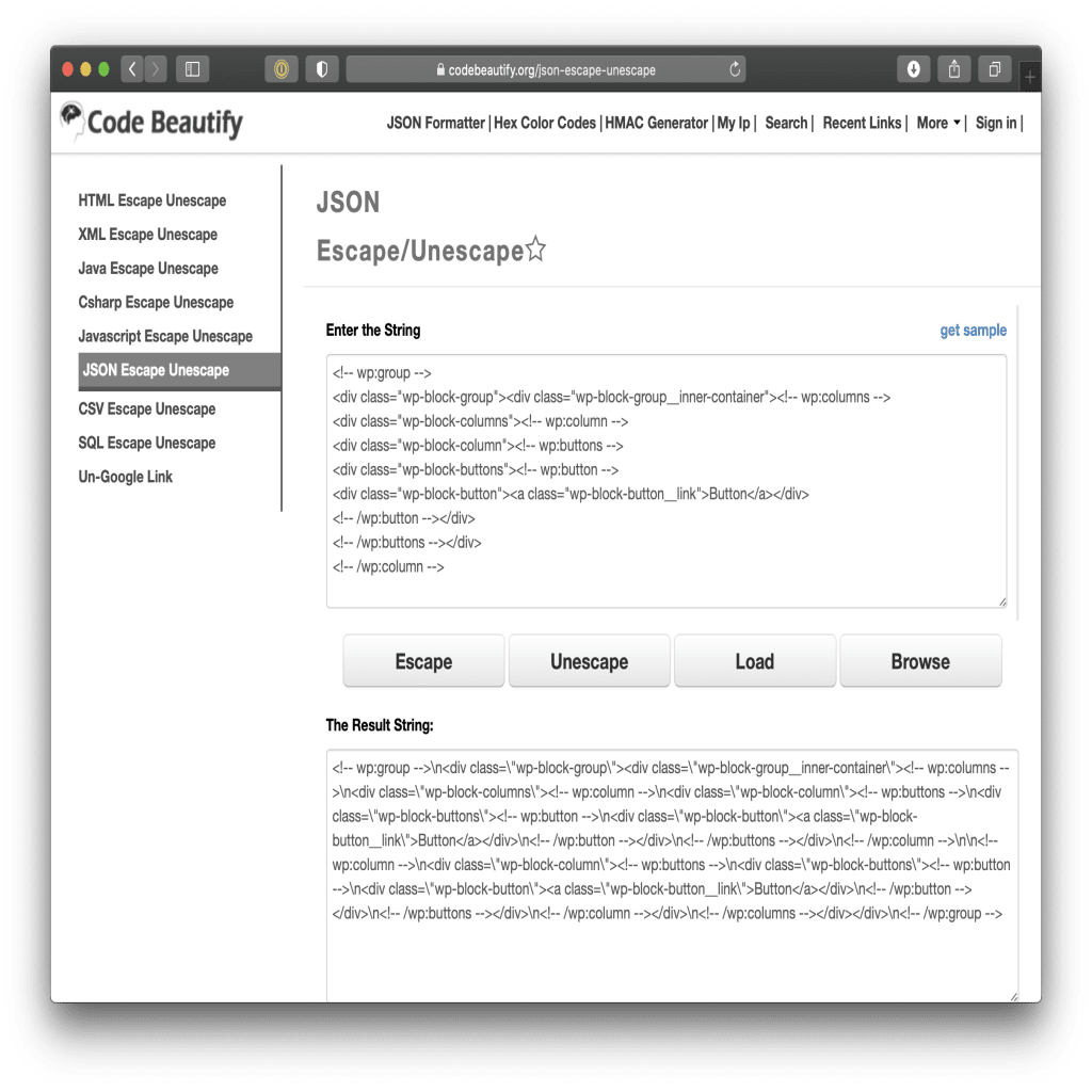 Showing the online tool for escaping code. There is a texture for pasting the code that needs to be escaped above another one containing the generated code.