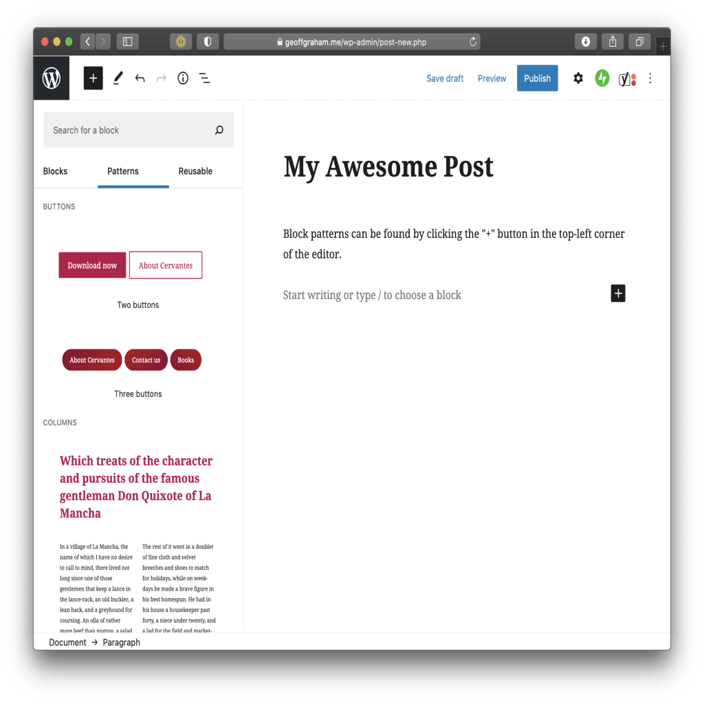 The block menu opened as a sidebar to the left of the content editor with the Patterns tab active. There's a gray search box above the patterns menu. Below the menu are previews of the first couple of patterns, including two buttons, three buttons, and columns.