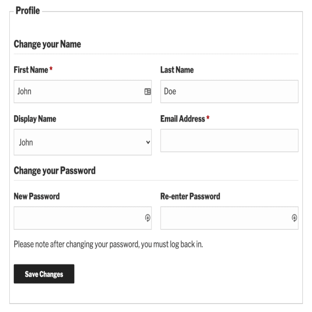 screenshot showing the profile fields for the Give Profile Editor shortcode