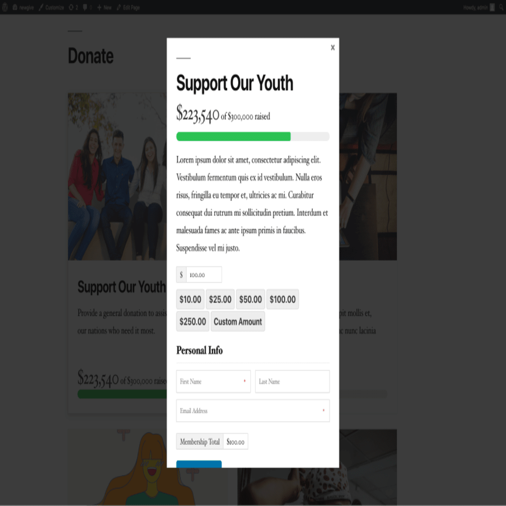 An example of a GiveWP Form Grid using a modal