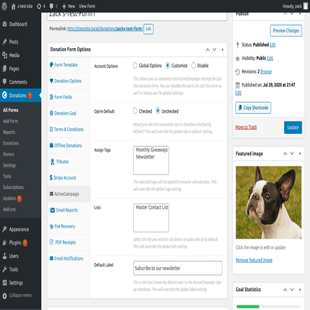activecampaign settings for individual forms in givewp