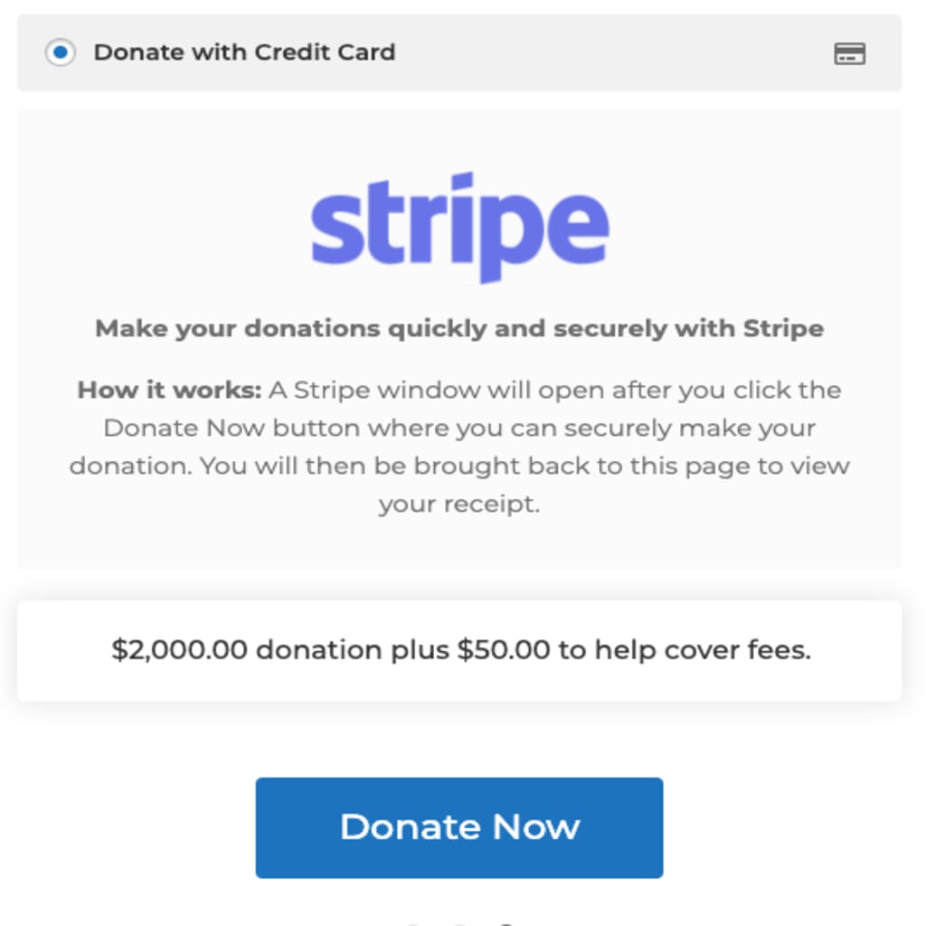 When a donor opts-in to cover the processing fees they will see a breakdown of charges before they click Donate Now button.