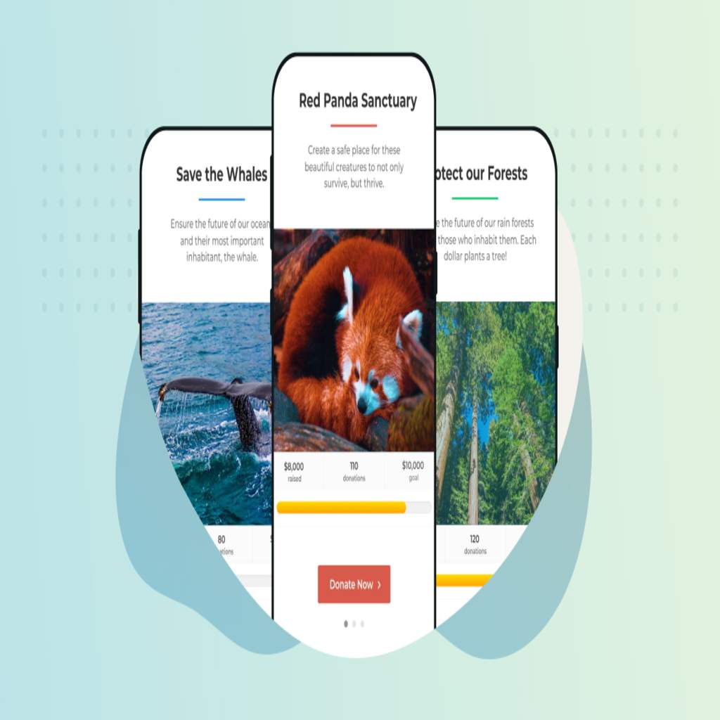 Three mobile devices on a gradient background, showing the GiveWP form template multi-step format.