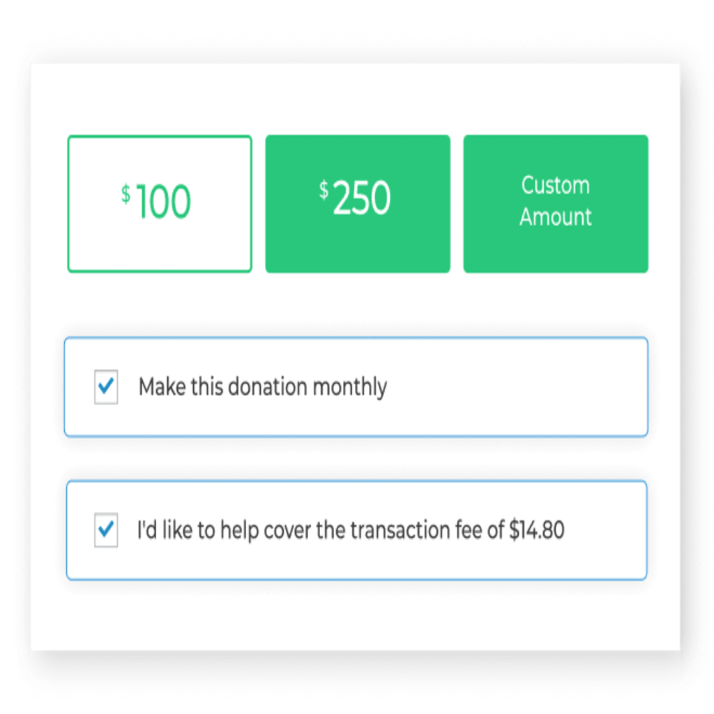 Asking donors to cover processing fees when they give is done through a simple checkbox, similar to the one used for recurring donations for subscription giving.
