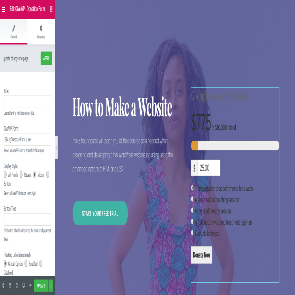 The donation form is embedded on the page but is unreadable because the font color is too dark for the image background.