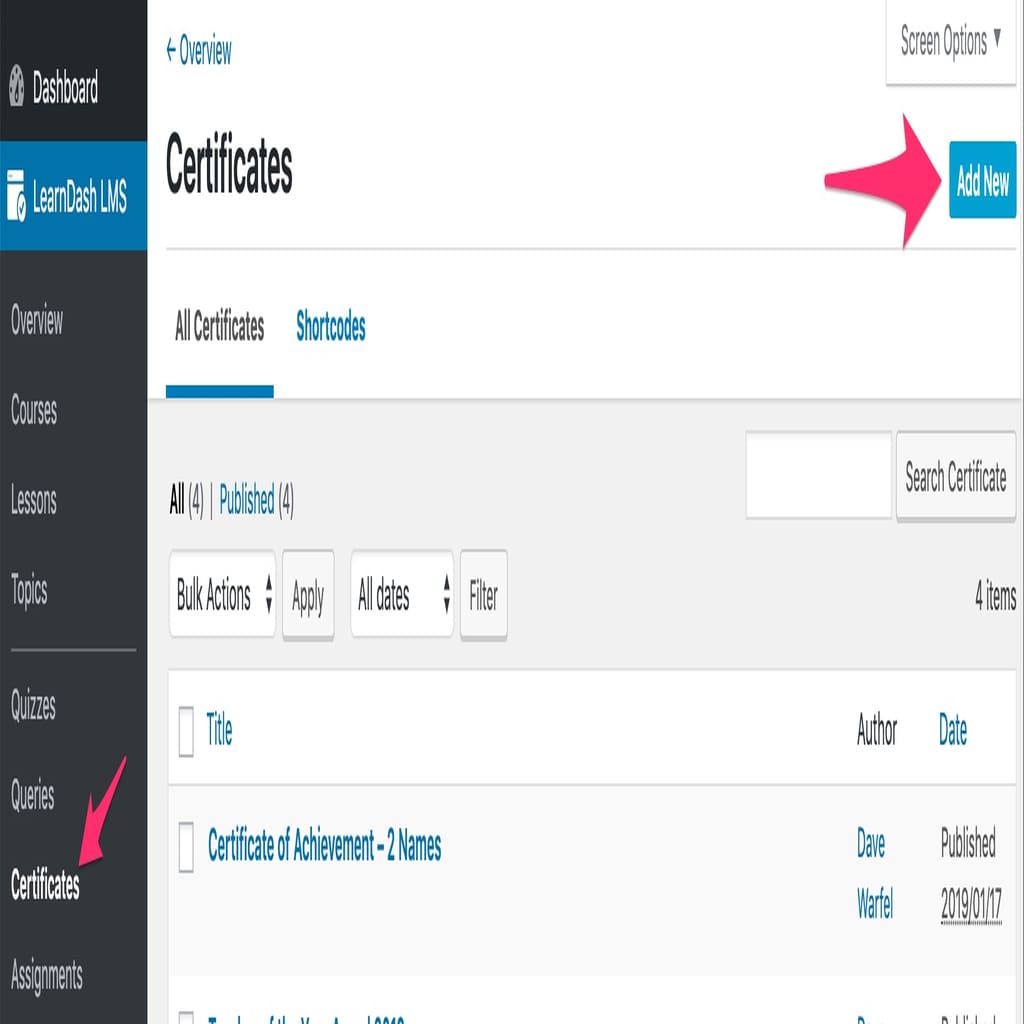 LearnDash add new certificate button in admin