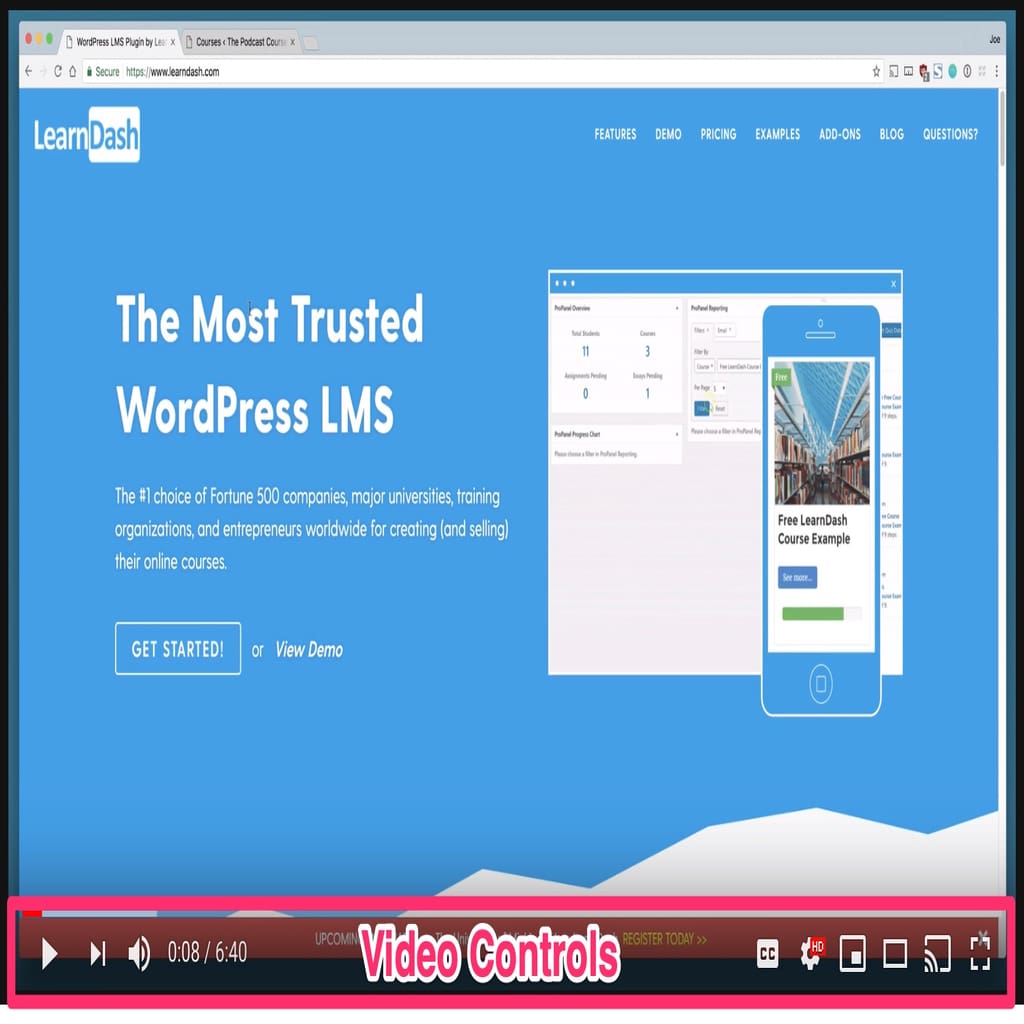 YouTube video controls example