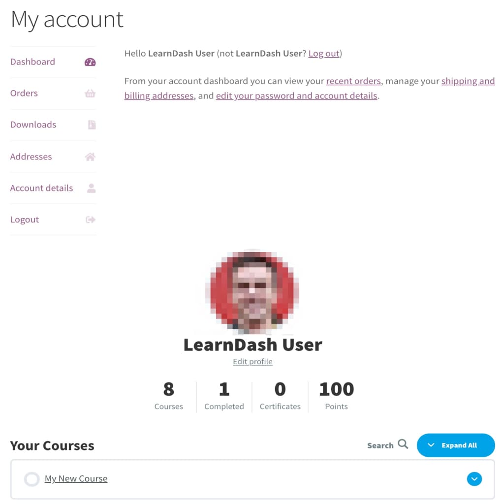 WooCommerce account page with LearnDash Profile