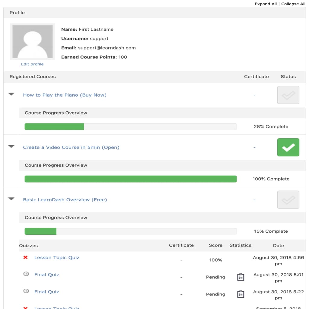 LearnDash Profile frontend example in Legacy theme
