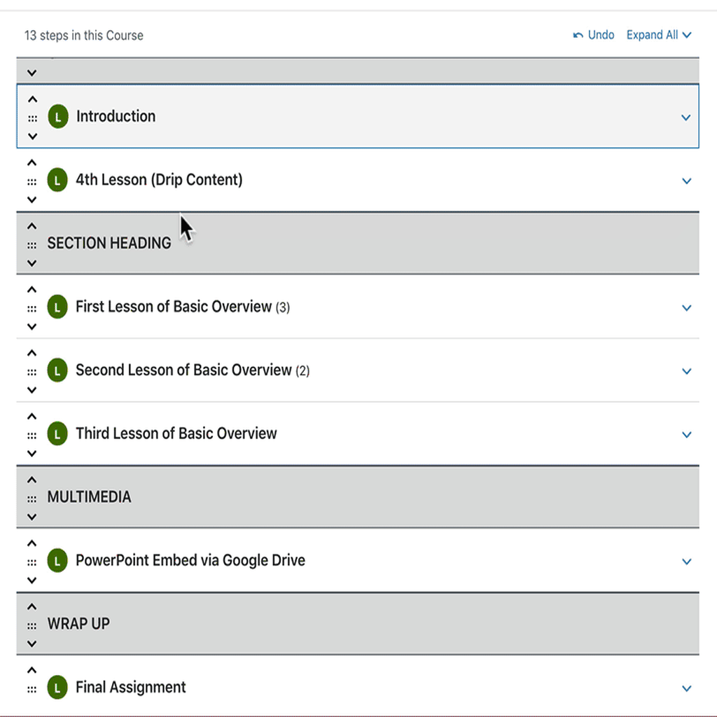 Move LearnDash course content with move arrows