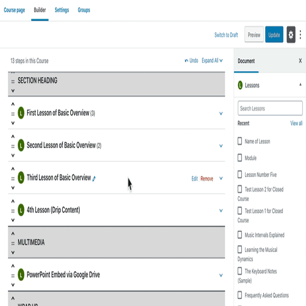 Drag & drop lessons in LearnDash course builder