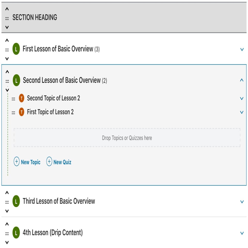LearnDash course builder admin, main area