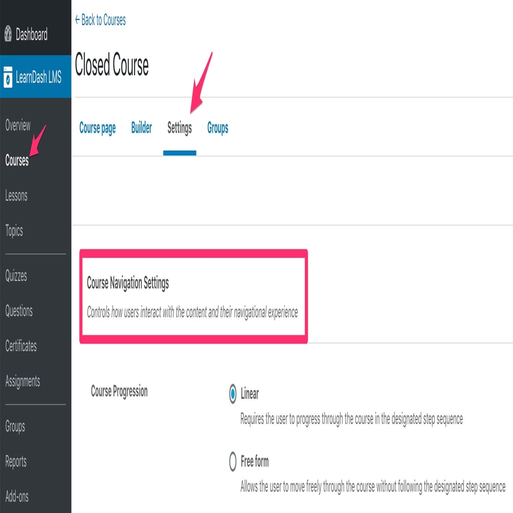 LearnDash navigation/progression settings