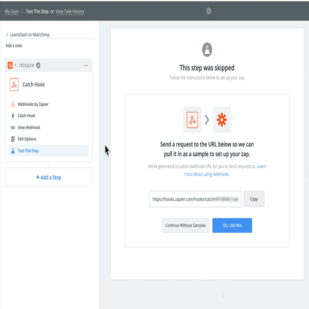 Zapier, create an action, step 1