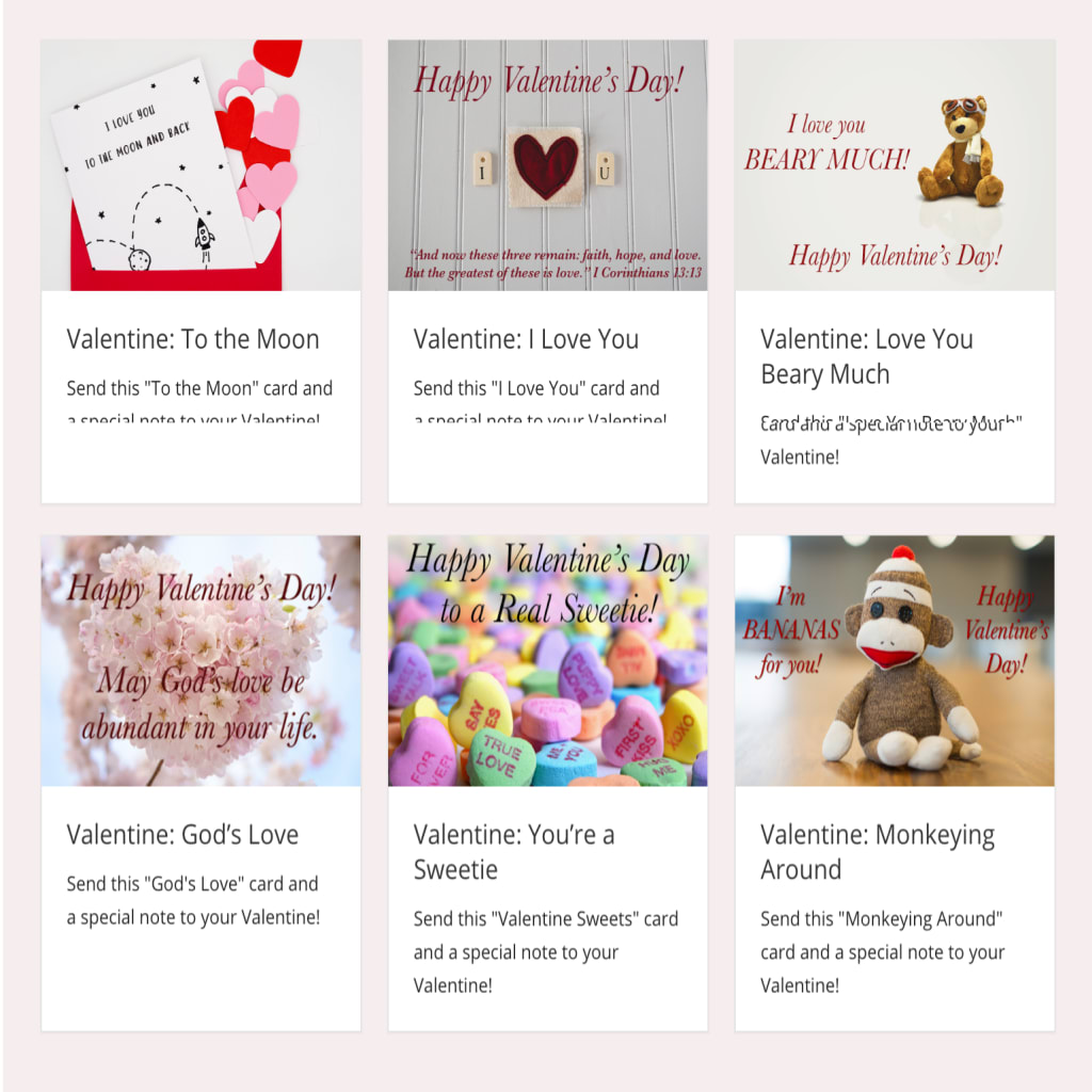 This Valentine's Day eCard grid example contains 6 Valentine's Day Cards with different greetings. Each image is different with a related caption.