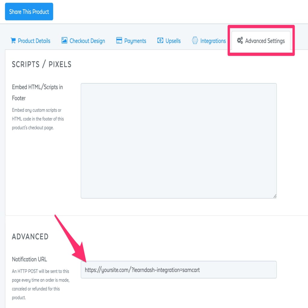 SamCart notification URL setting
