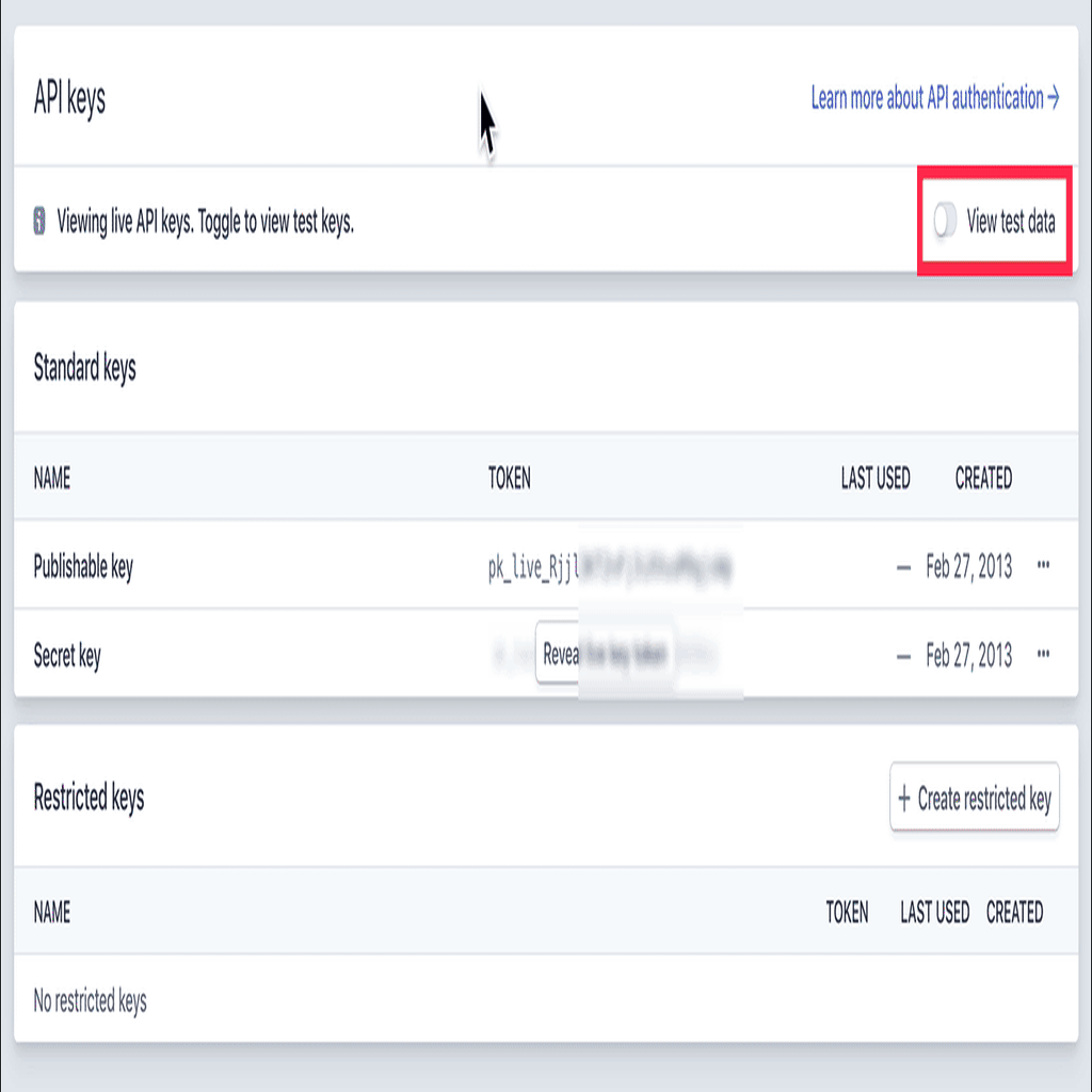 Find Stripe API keys, Test Mode